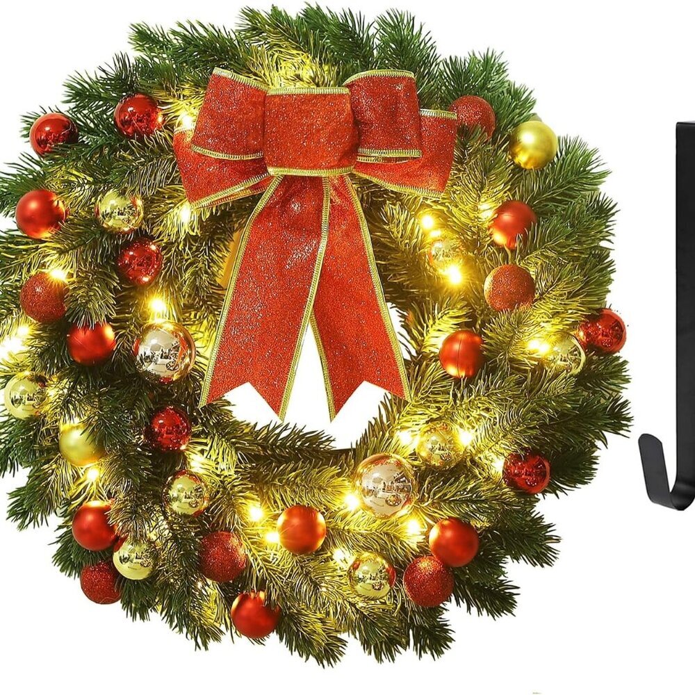 16 Inch Pre-Lit Christmas Wreath with Metal Hanger, Large Red Bow and Colored Ba